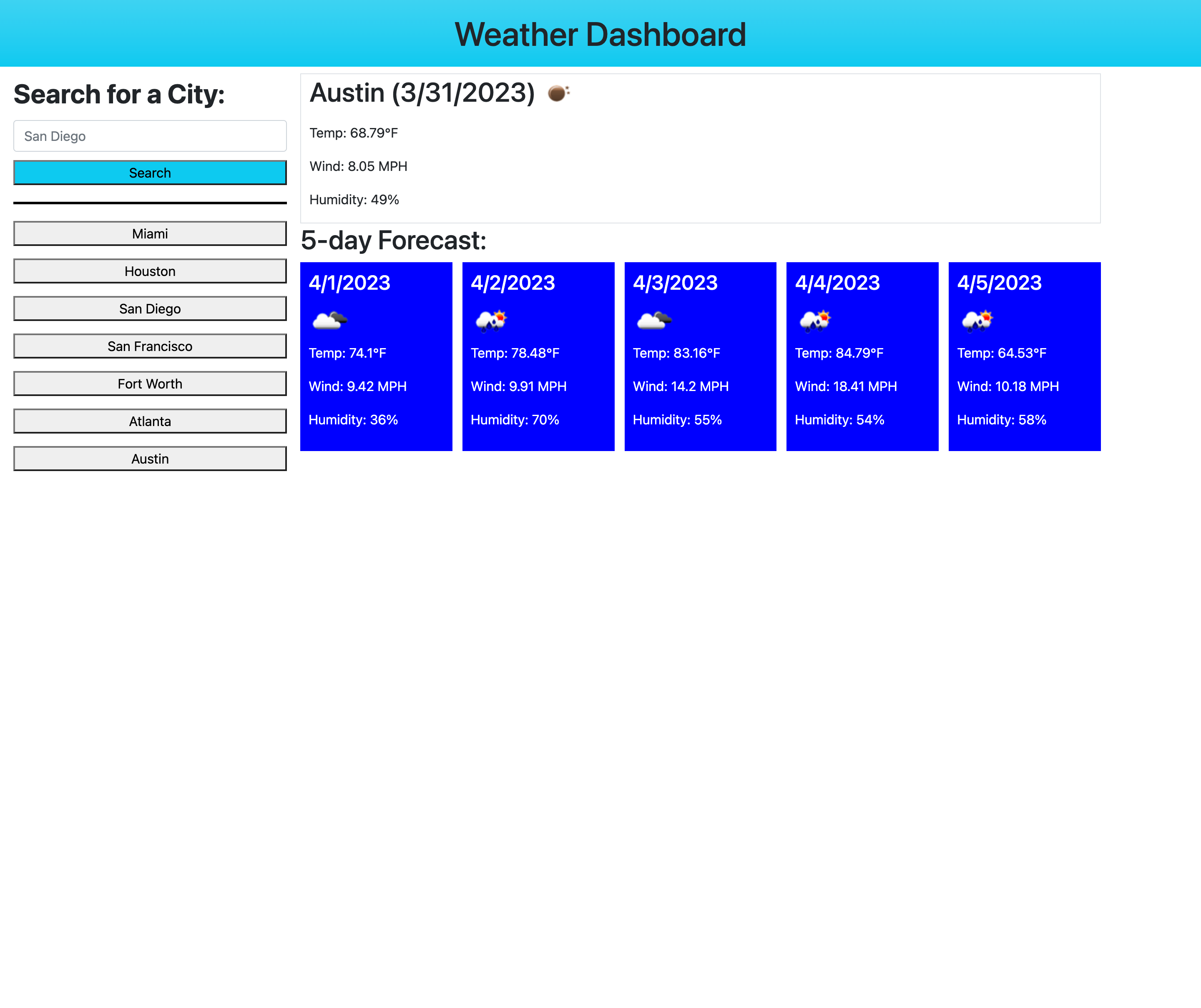 Landing page for my weather dashboard
